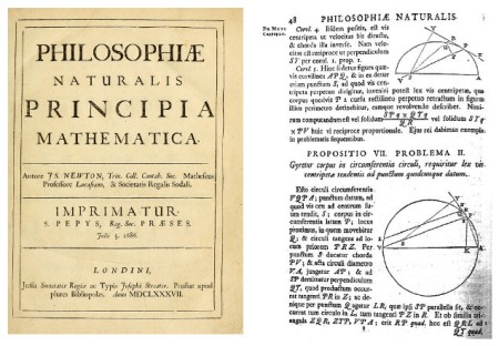 Newton's 'Philosophiæ Naturalis Principia Mathematica' published in 1687; cover (left) and a page from the 1726 edition (right). In English the title would be 'Mathematical Principles of Natural Philosophy'.