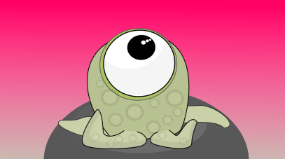A funny-looking cartoon alien with tentacles and one big eye, sitting on a grey rock