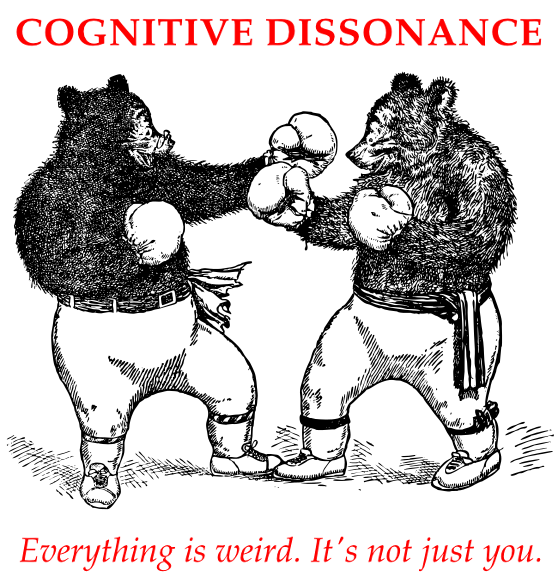 Old-fashioned line drawing of two bears standing upright, with boxing gloves, about to have a boxing match, with the tagline: COGNITIVE DISSONANCE: Everything is weird. It's not just you.