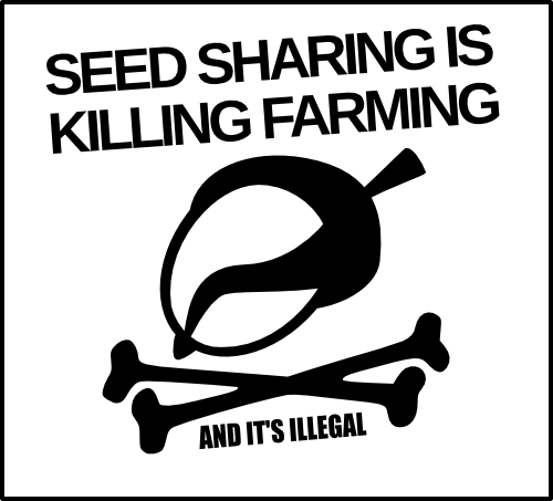 Black and white graphic: a large seed with cross bones, reminiscent of a skull and cross bones but with a seed instead of a skull. At the top it says "SEED SHARING IS KILLING FARMING" and at the bottom it says "AND IT'S ILLEGAL".