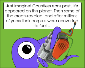 Close-up of Alien 1 holding the engine in its tentacles: Just imagine! Countless eons past, life appeared on this planet. Then some of the creatures died, and after millions of years their corpses were converted to fuel...