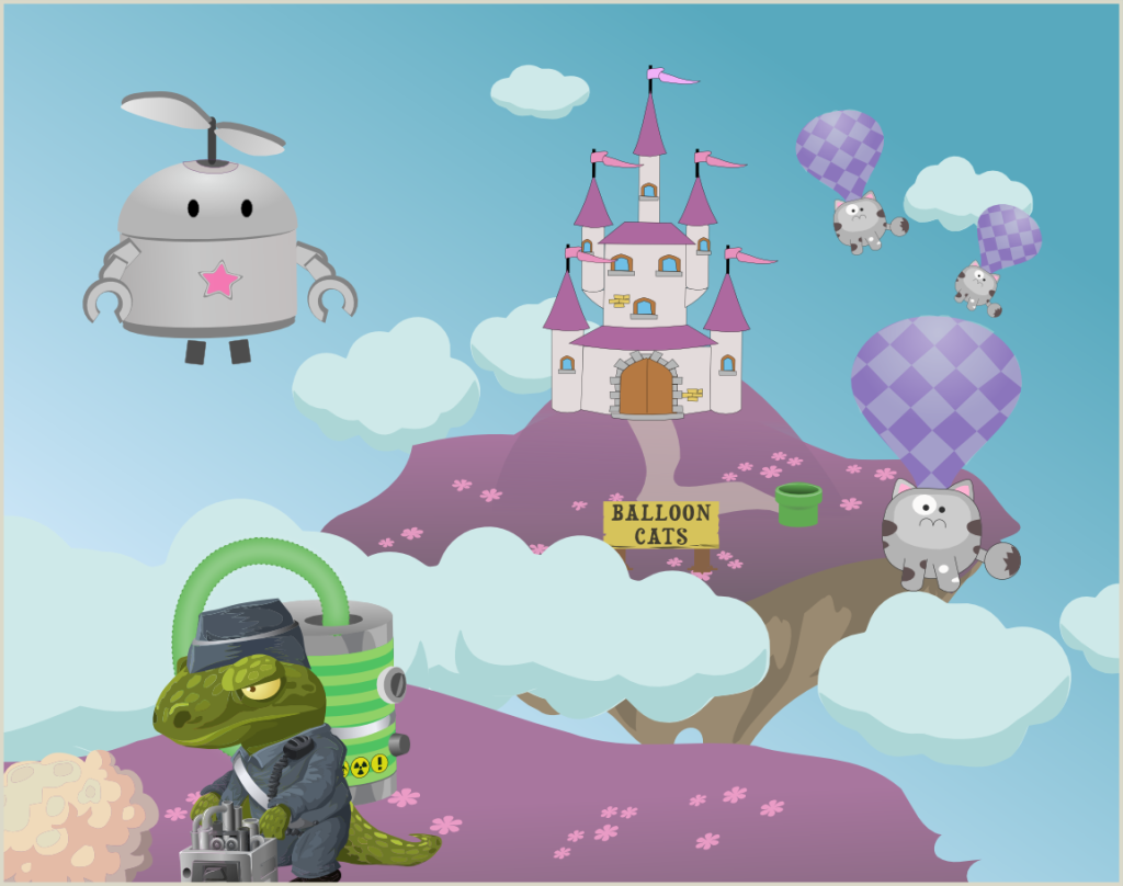 A fantasy scene: a floating island, with a purple lawn and pink flowers, against a blue sky with fluffy clouds. The island has a hill in the center with a castle at the top; the castle has turrets with pink triangular flags waving in the breeze. In front of the castle is a sign that says 'BALLOON CATS' next to a big green open pipe. There are cute cats suspended from hot air balloons floating through the air nearby. A cute robot with a propeller attached to its head floats in the air, looking out of the screen at the viewer. In the foreground is the edge of another floating island. On it stands a creature that is person-shaped but with the head and tail of a crocodile, wearing a grey uniform and a large green apparatus of some sort on its back; it holds some sort of machine which is giving off a cloud of fumes.